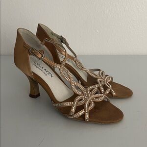 Anna Kern Gold Satin Crystalized T Strap Dance Shoes Size 3 US 5.5
